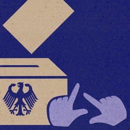Zwei Hände machen eine Gebärde, daneben fällt ein Stimmzettel in eine Wahlurne